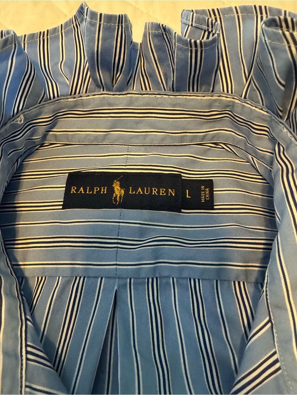 Reimagined RLauren Blue/White/navyStriped Ruffle-Collar Button-Down Shirt - Picture 5 of 7